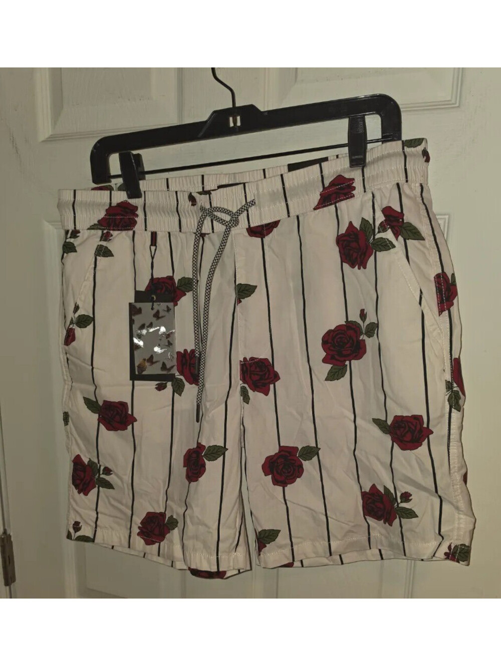 CACTUS MAN FAITH WHITE RED ROSE VERTICAL STRIPE CASUAL DRAWSTRING SHORTS LRG 34